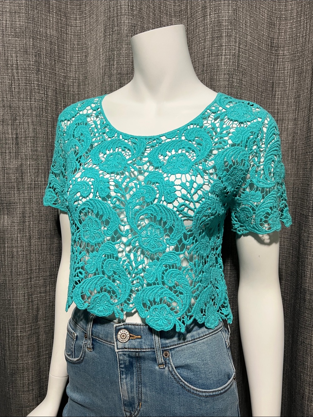 Say What? 100% Cotton Turquoise Aqua Crochet Lace Top  Small - Picture 2 of 6